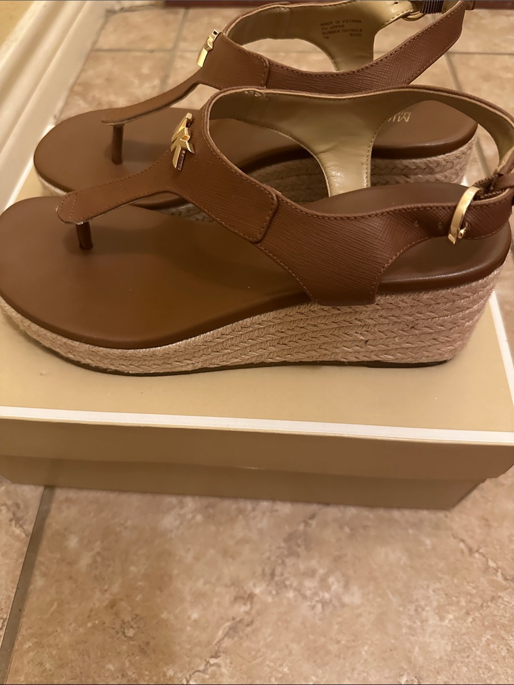Michael Kors Brown Espadrille Wedge Thong Sandals with Gold Accents